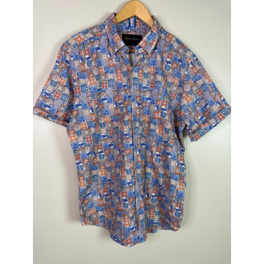 Robert Graham Shirt Mens Medium Short Sleeve Geometric Tile Linen Blend Blue